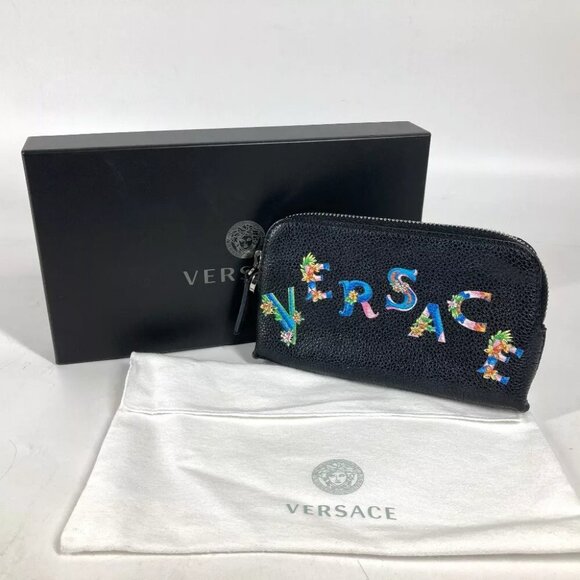 VERSACE Large logo Wallet Coin Compartment Zip Around coin purse Leather Black - Picture 14 of 14